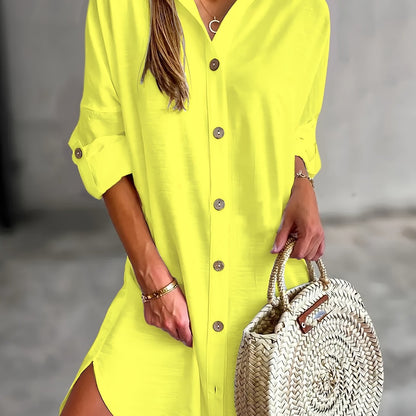 Effortless Button Front Shirt Dress for Women with Collar Long Sleeve Relaxed Oversized Style