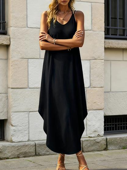 Effortless Black Maxi Dress for Women with V Neck Spaghetti Strap Cocoon Flowing Bohemian Style