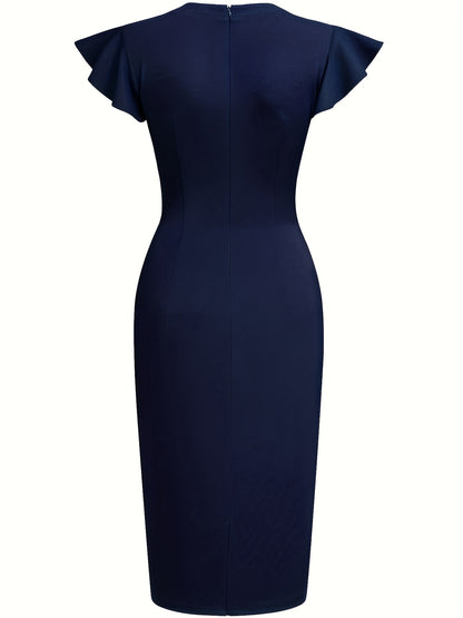 Elegant Studded Sheath Dress for Women with Round Neck Flutter Sleeve Bodycon Cocktail Style