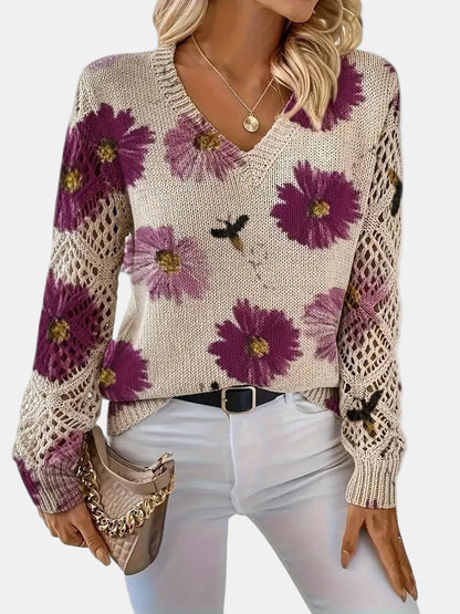 Comfortable Floral Print Sweater for Women with V Neck Long Sleeve Crochet Lace Oversized Knit Style