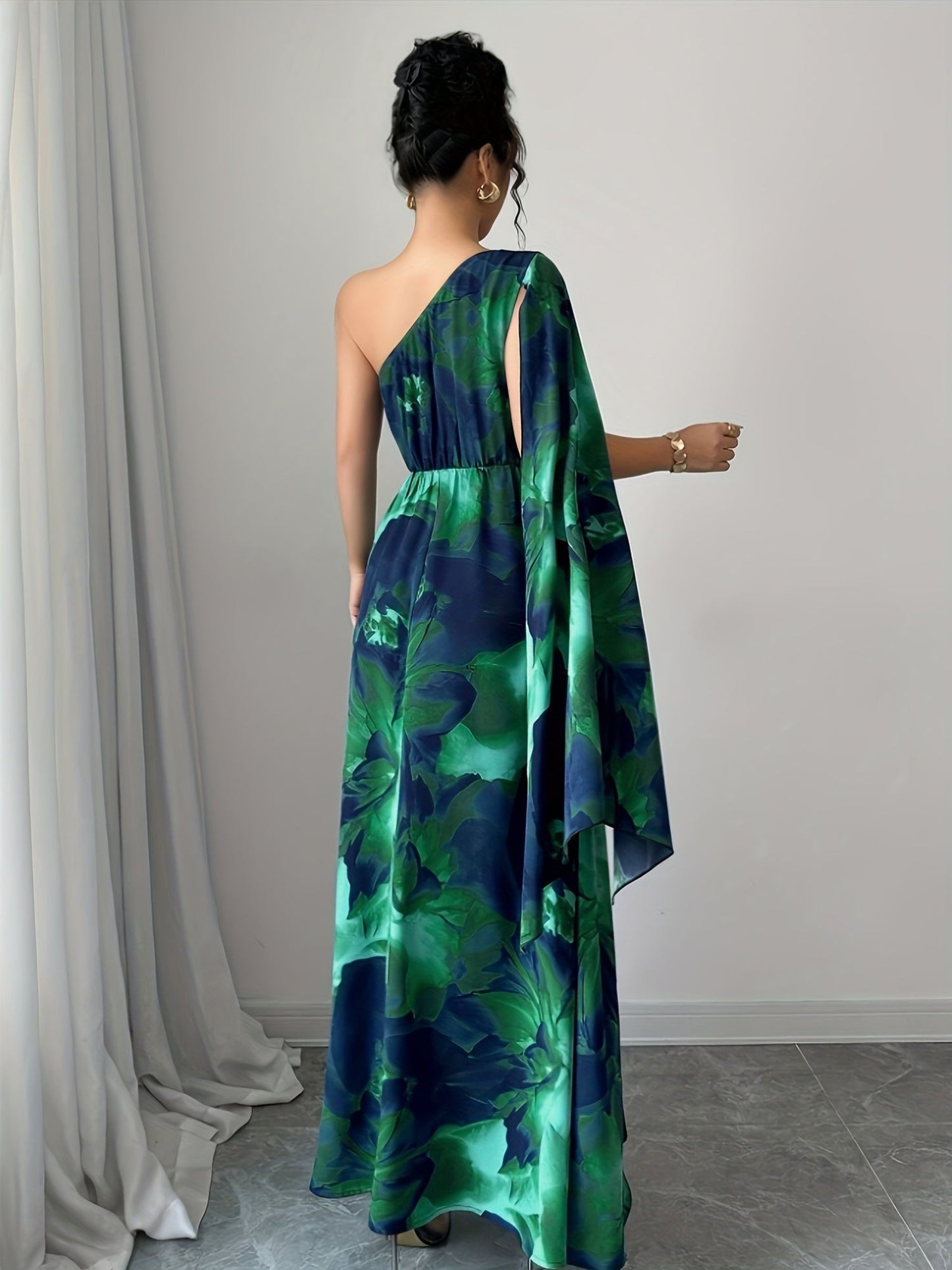 Elegant Floral Maxi Dress for Women with One Shoulder Draped Sleeve Formal Wedding Guest Style
