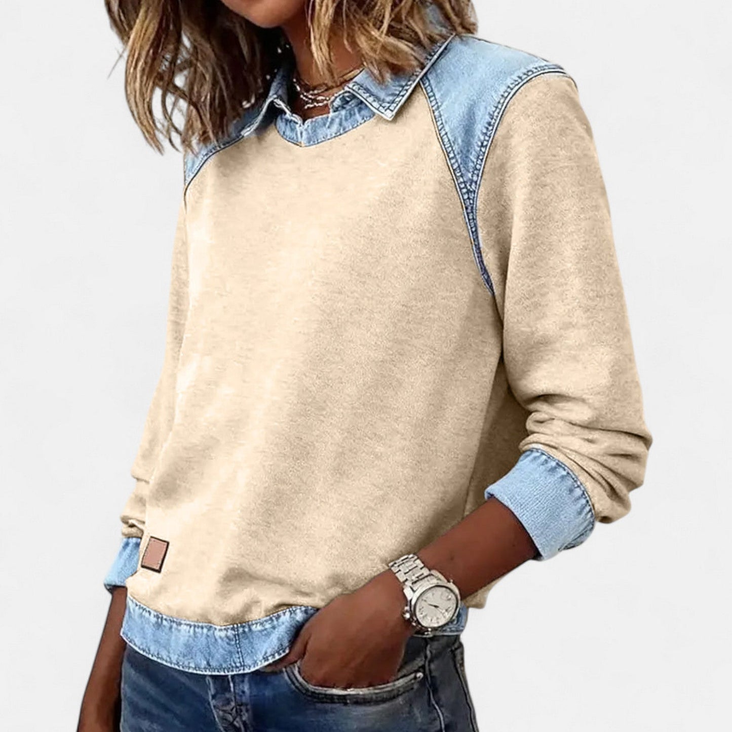 Effortless Denim Colorblock Sweatshirt for Women with Shirt Collar Long Sleeve Raglan Contrast Casual Style