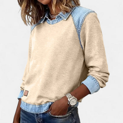 Effortless Denim Colorblock Sweatshirt for Women with Shirt Collar Long Sleeve Raglan Contrast Casual Style