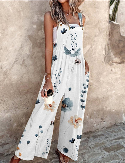 Effortless Floral Wide Leg Jumpsuit for Women with Square Neck Sleeveless Button Strap Relaxed Bohemian Style