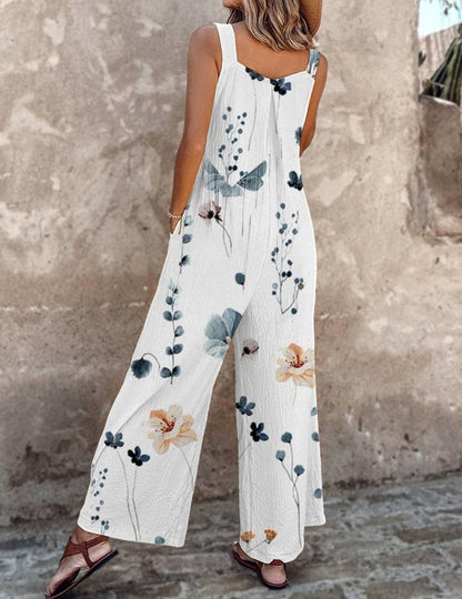 Effortless Floral Wide Leg Jumpsuit for Women with Square Neck Sleeveless Button Strap Relaxed Bohemian Style