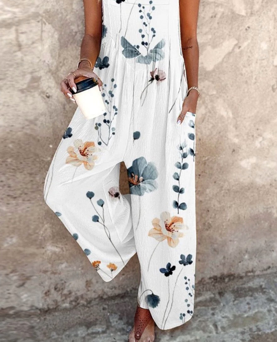 Effortless Floral Wide Leg Jumpsuit for Women with Square Neck Sleeveless Button Strap Relaxed Bohemian Style