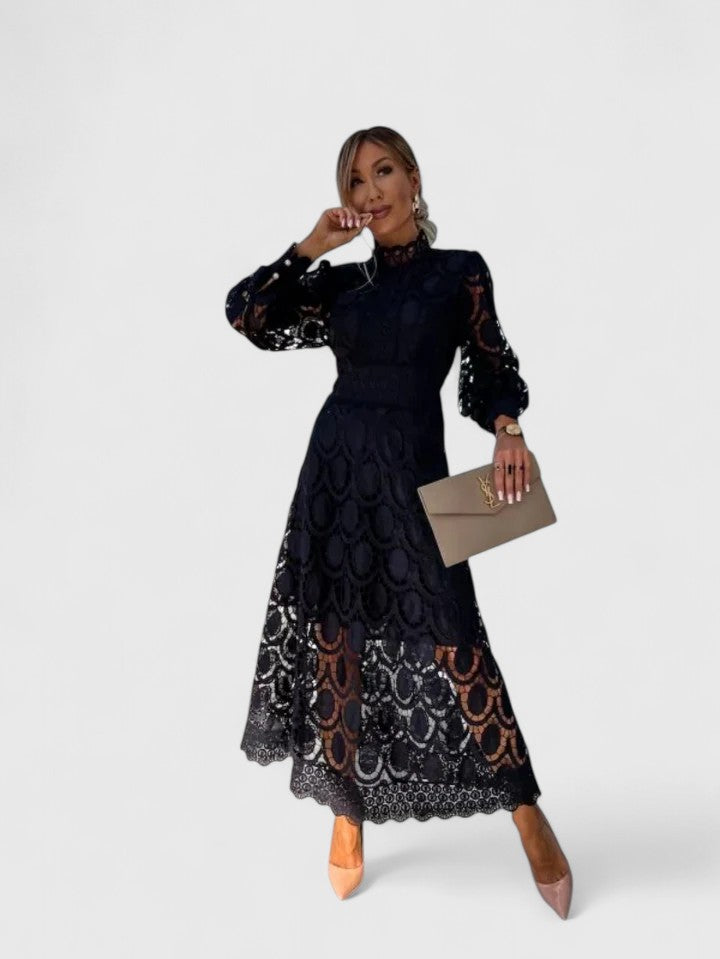 Elegant Lace Maxi Dress for Women with High Neck Long Sleeve Tiered Skirt Formal Wedding Guest Style