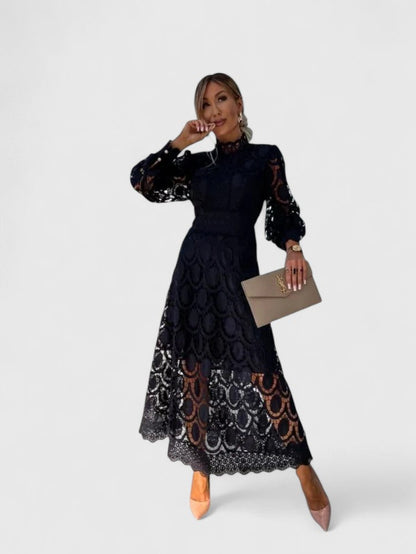 Elegant Lace Maxi Dress for Women with High Neck Long Sleeve Tiered Skirt Formal Wedding Guest Style