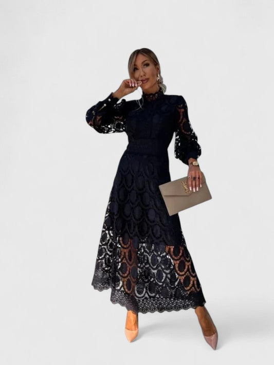 Elegant Lace Maxi Dress for Women with High Neck Long Sleeve Tiered Skirt Formal Wedding Guest Style