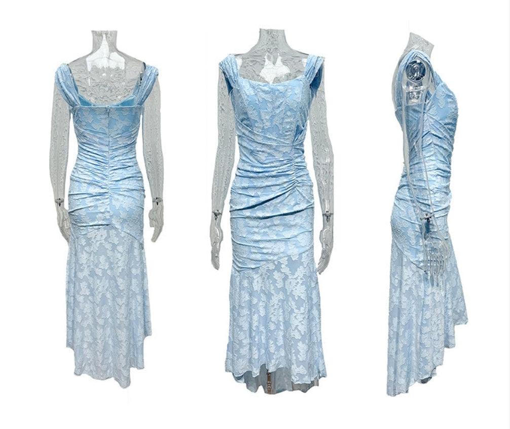 Elegant Floral Lace Maxi Dress for Women with Square Neck Sleeveless Corset Ruched Mermaid Style
