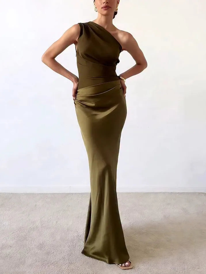 Elegant Satin Maxi Dress for Women with One Shoulder Ruched Waist Mermaid Flowing Style