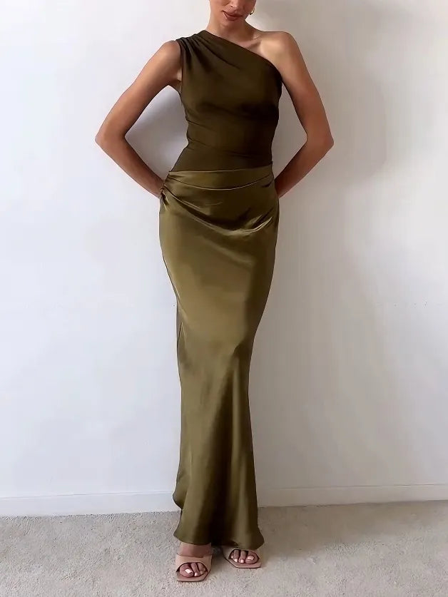 Elegant Satin Maxi Dress for Women with One Shoulder Ruched Waist Mermaid Flowing Style