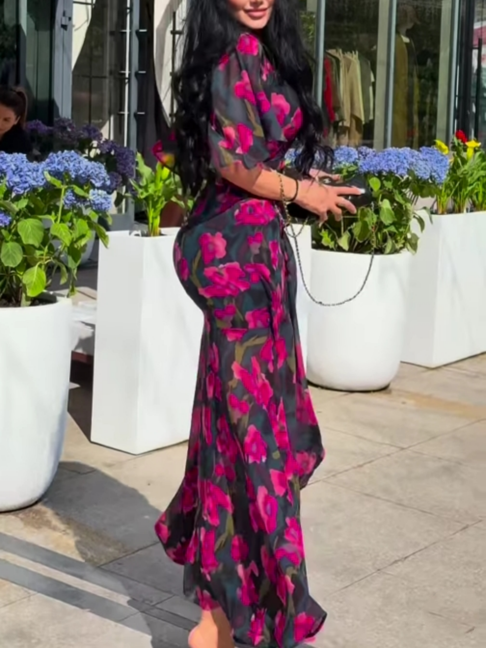 Elegant Black Floral Maxi Dress for Women with V Neck Flutter Sleeve Belted Flowing Style