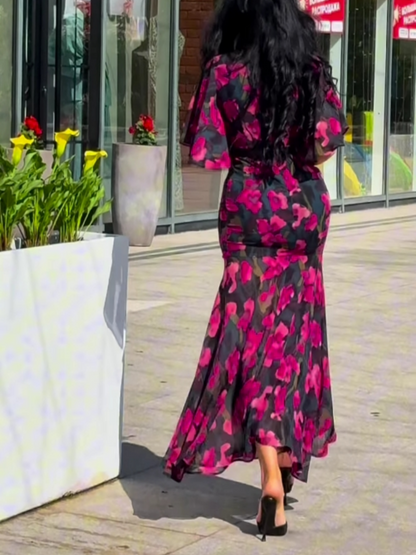 Elegant Black Floral Maxi Dress for Women with V Neck Flutter Sleeve Belted Flowing Style
