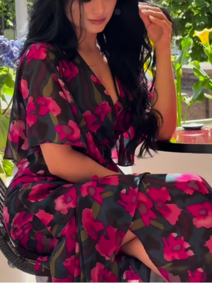 Elegant Black Floral Maxi Dress for Women with V Neck Flutter Sleeve Belted Flowing Style