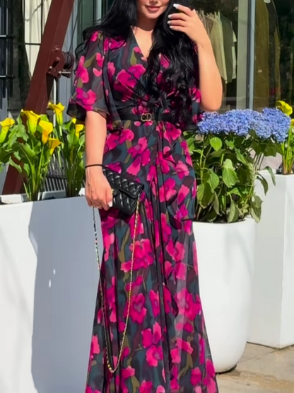 Elegant Black Floral Maxi Dress for Women with V Neck Flutter Sleeve Belted Flowing Style