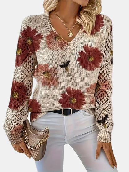 Comfortable Floral Print Sweater for Women with V Neck Long Sleeve Crochet Lace Oversized Knit Style