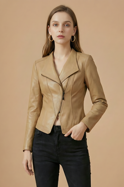 Elegant Leather Moto Jacket for Women with Notch Collar Long Sleeve Asymmetric Zip Fitted Style