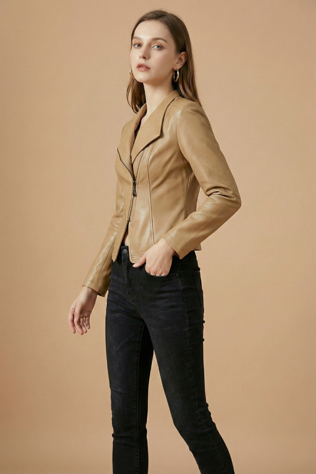 Elegant Leather Moto Jacket for Women with Notch Collar Long Sleeve Asymmetric Zip Fitted Style