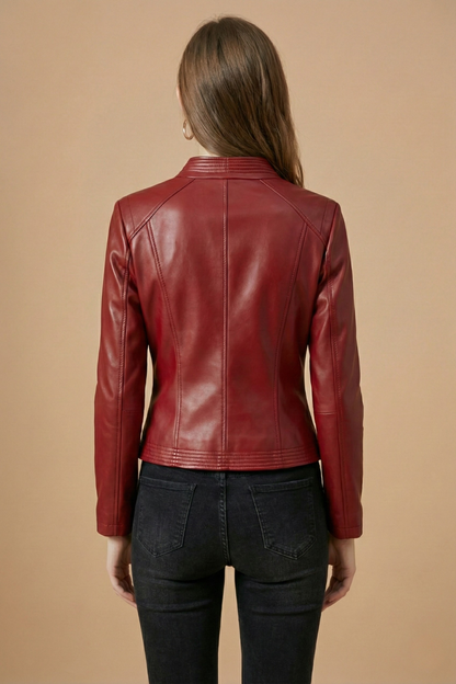 Elegant Leather Moto Jacket for Women with Notch Collar Long Sleeve Asymmetric Zip Fitted Style