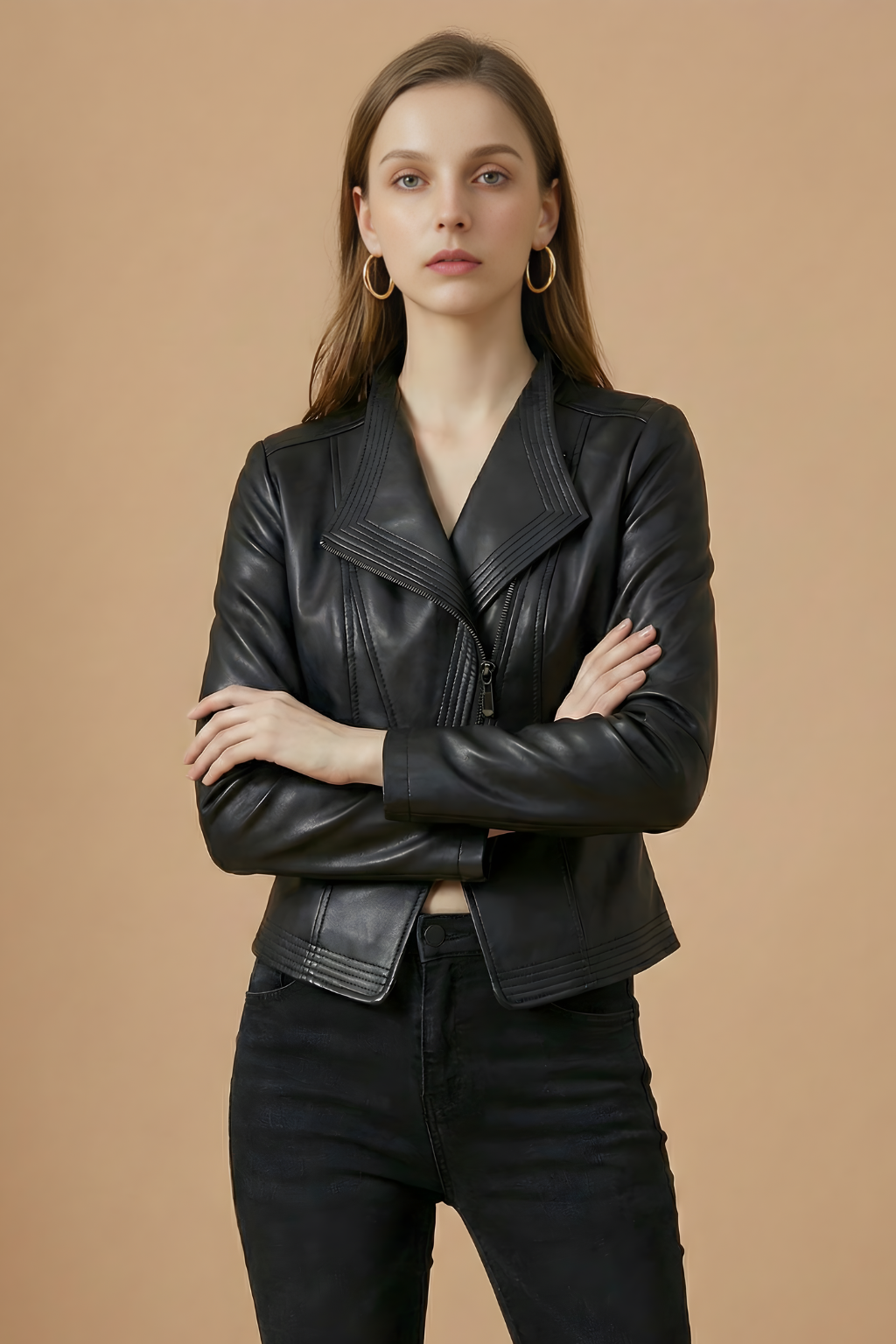 Elegant Leather Moto Jacket for Women with Notch Collar Long Sleeve Asymmetric Zip Fitted Style
