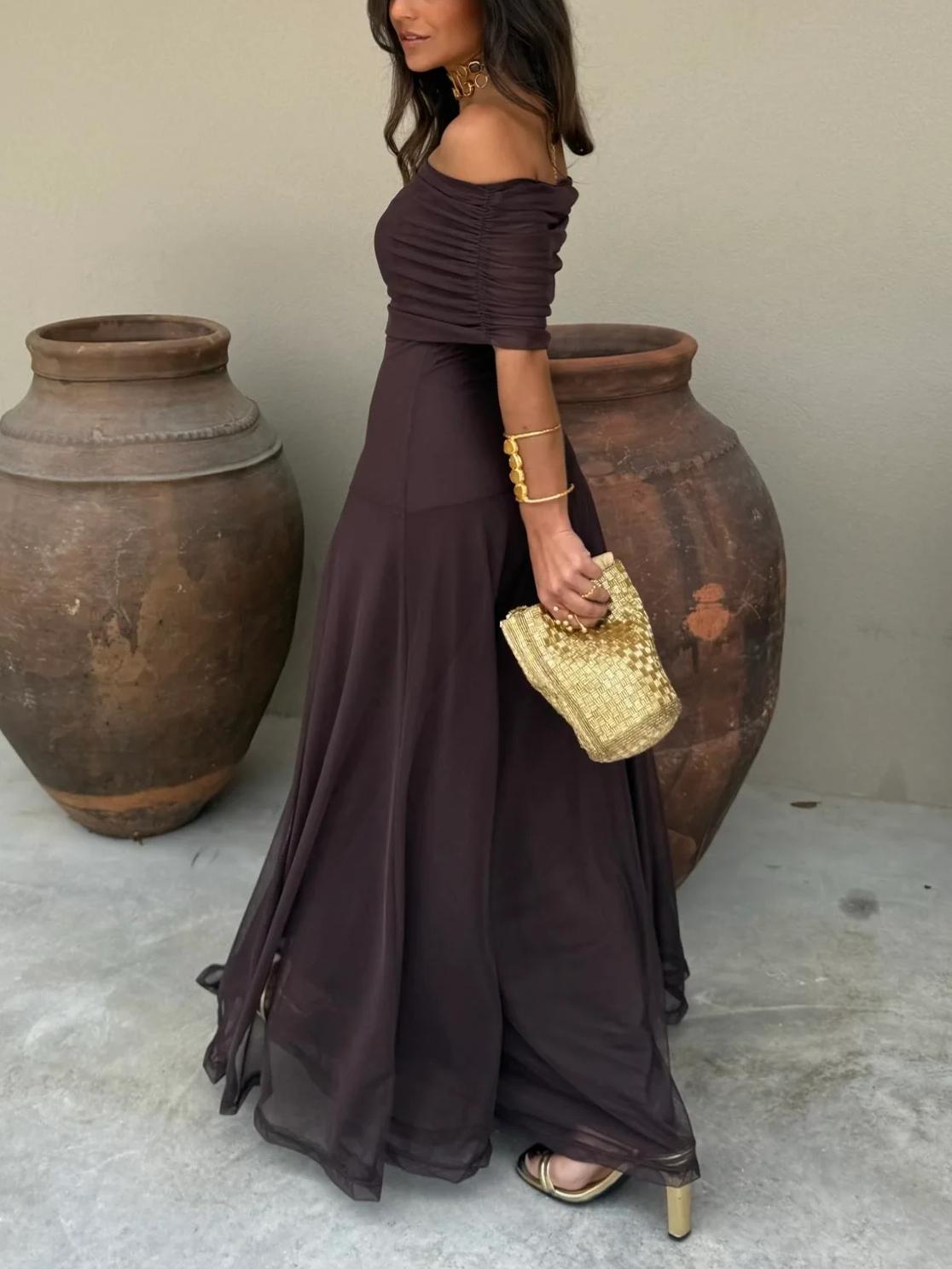 Elegant Sheer Mesh Maxi Dress for Women with Off Shoulder Short Sleeve Ruched Flowing Style