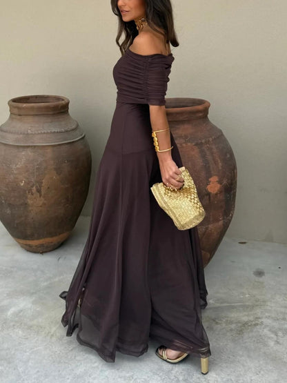 Elegant Sheer Mesh Maxi Dress for Women with Off Shoulder Short Sleeve Ruched Flowing Style