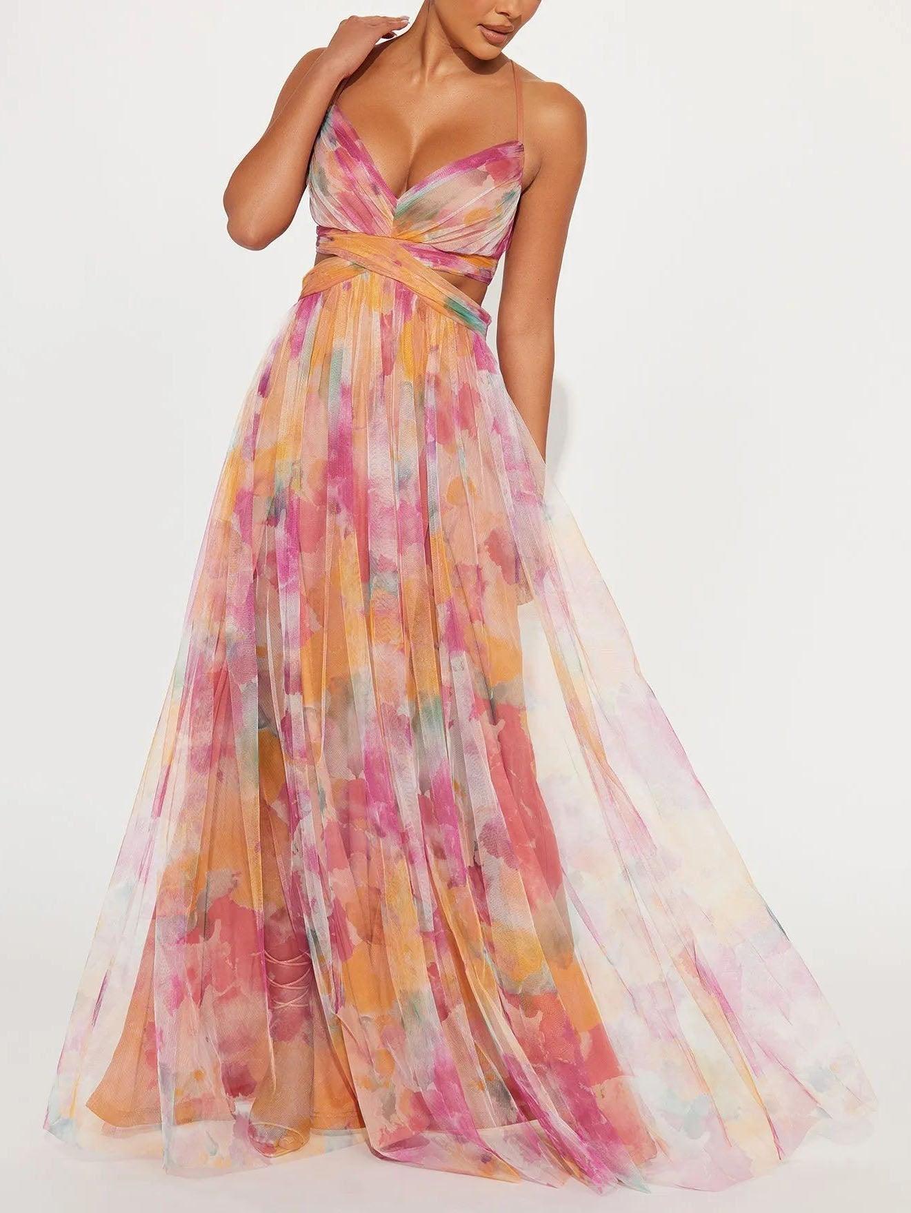 Elegant Watercolor Floral Maxi Dress for Women with V Neck Crisscross Waist Cutout Flowing Style