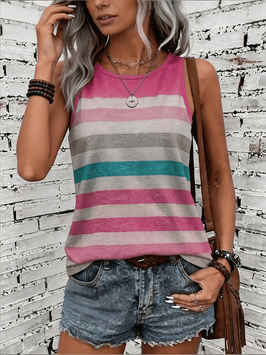 Effortless Rose Red Striped Tank Top for Women with Round Neck Sleeveless Relaxed Racerback Style