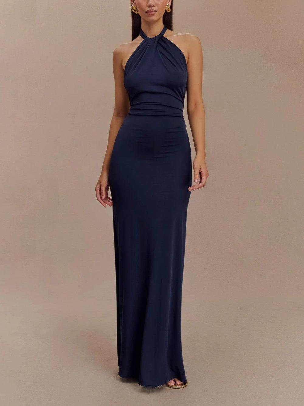Elegant Navy Halter Maxi Dress for Women with Twist Neck Ruched Waist Column Flowing Formal Style