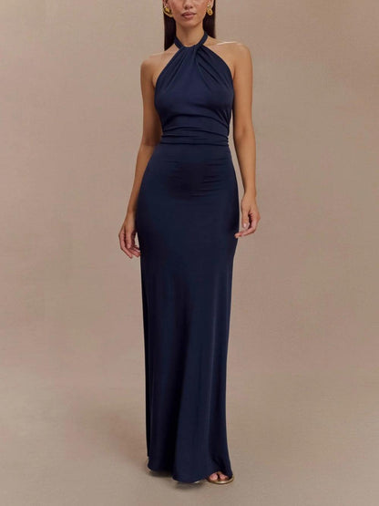 Elegant Navy Halter Maxi Dress for Women with Twist Neck Ruched Waist Column Flowing Formal Style
