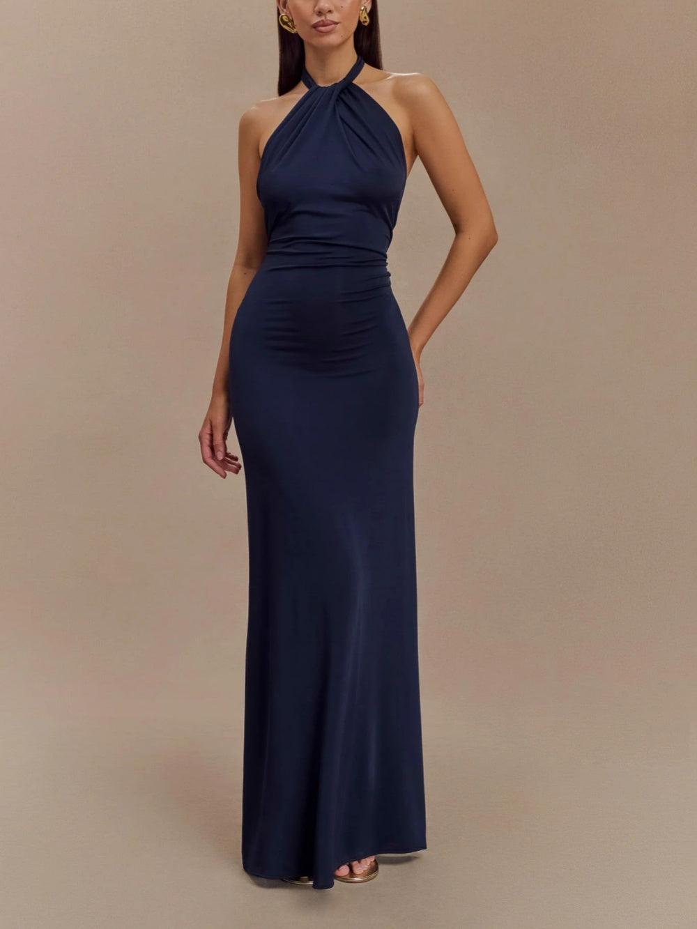 Elegant Navy Halter Maxi Dress for Women with Twist Neck Ruched Waist Column Flowing Formal Style