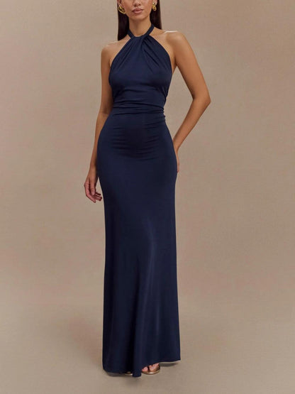 Elegant Navy Halter Maxi Dress for Women with Twist Neck Ruched Waist Column Flowing Formal Style