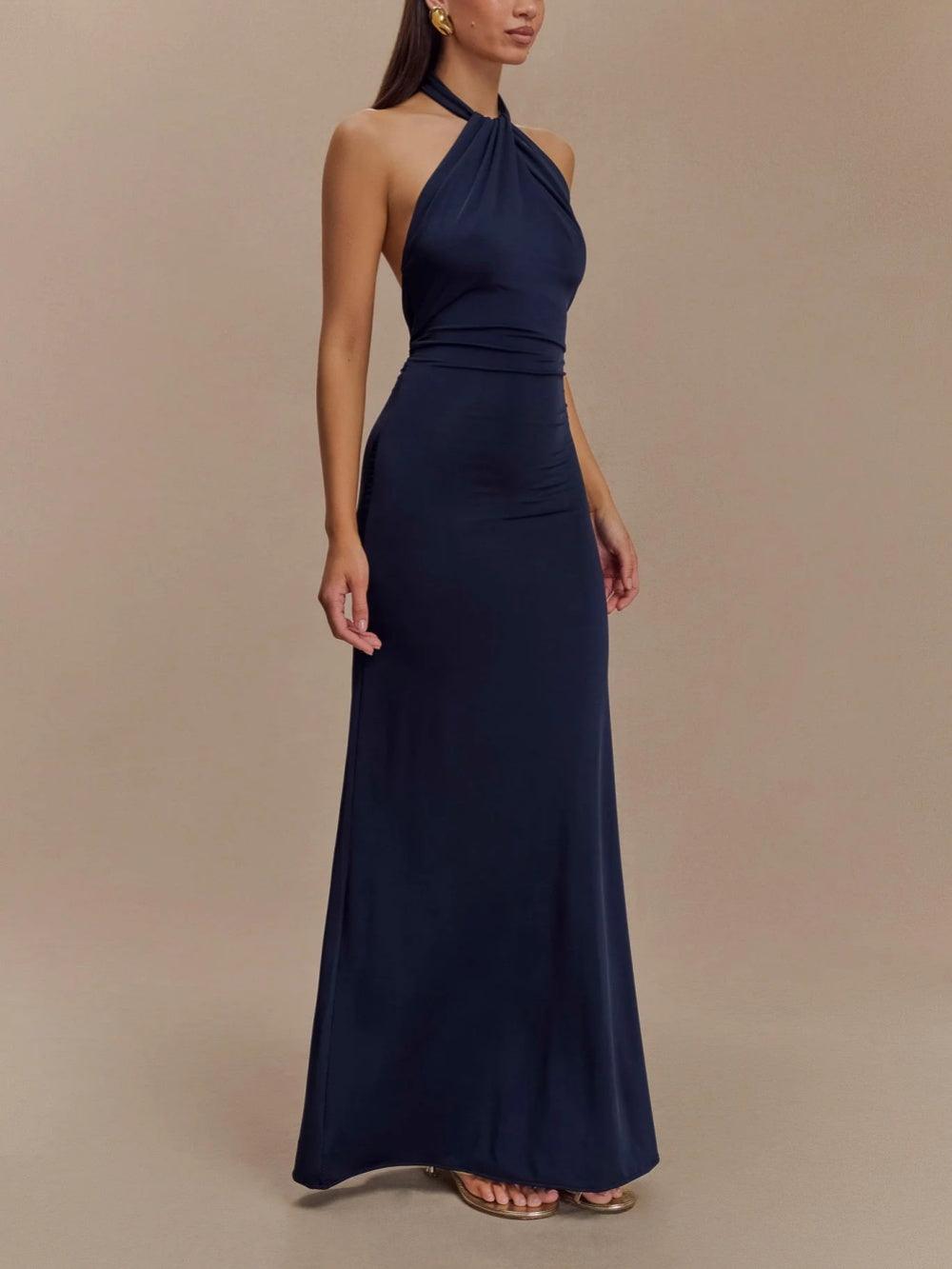 Elegant Navy Halter Maxi Dress for Women with Twist Neck Ruched Waist Column Flowing Formal Style