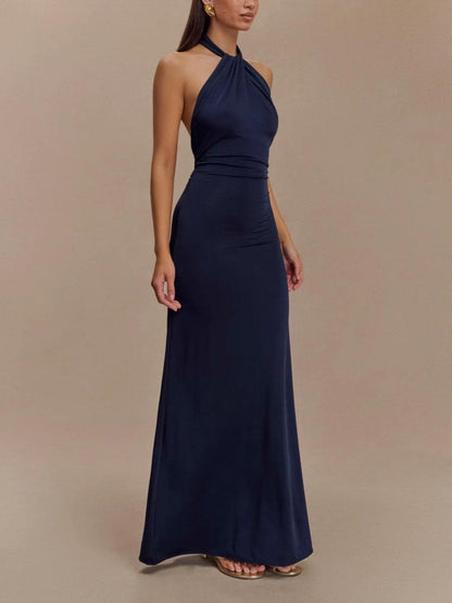 Elegant Navy Halter Maxi Dress for Women with Twist Neck Ruched Waist Column Flowing Formal Style