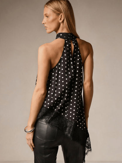 Elegant Satin Lace Trim Blouse for Women with Halter Neck Sleeveless Asymmetric Hem Silky Style