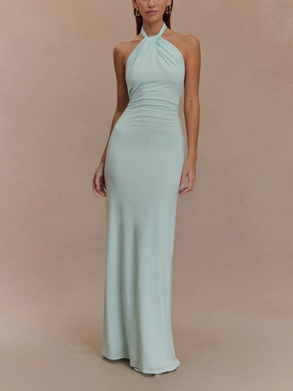 Elegant Halter Maxi Dress for Women with Twist Neck Backless Bodycon Formal Wedding Guest Style