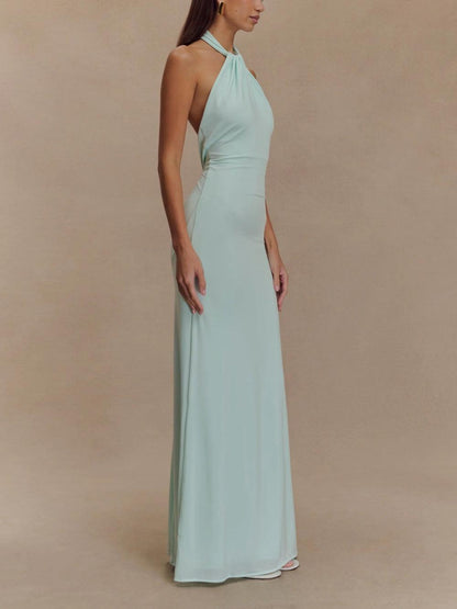 Elegant Halter Maxi Dress for Women with Twist Neck Backless Bodycon Formal Wedding Guest Style