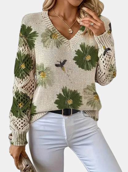 Comfortable Floral Print Sweater for Women with V Neck Long Sleeve Crochet Lace Oversized Knit Style