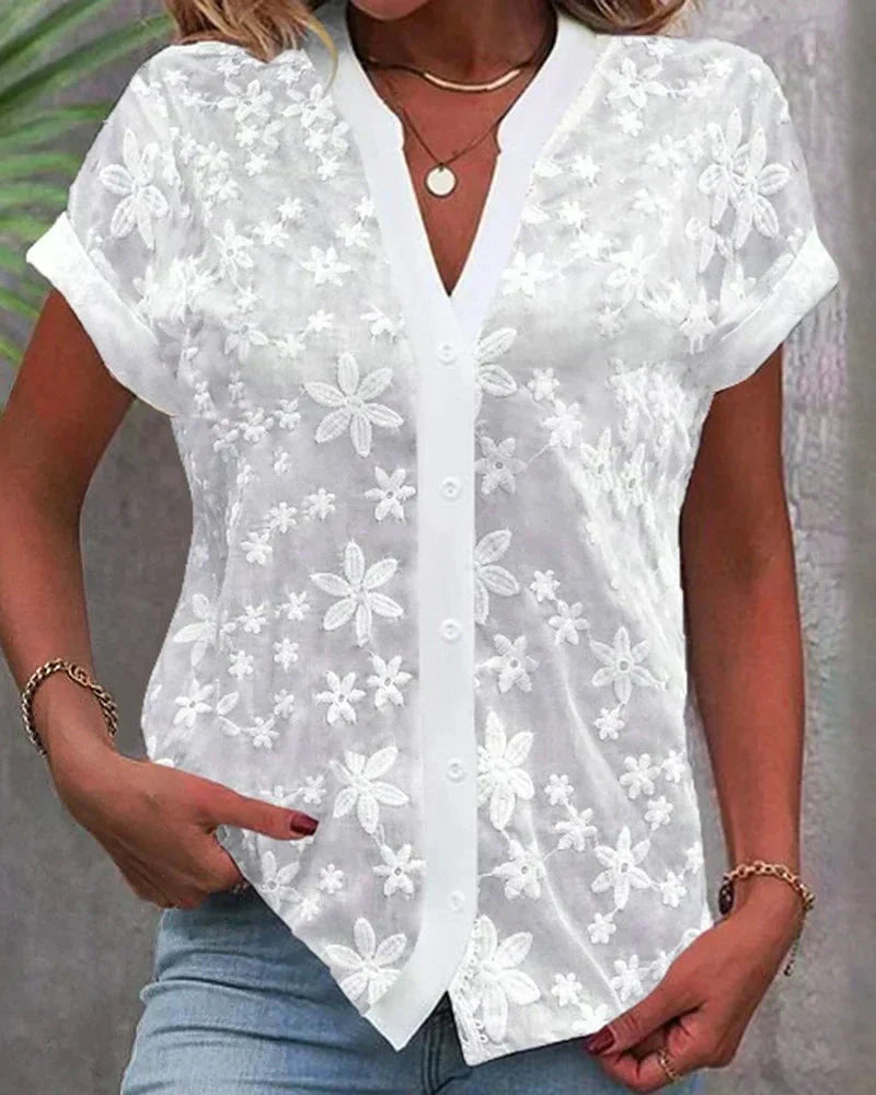 Elegant White Floral Lace Blouse for Women with V Neck Short Sleeve Button Front Relaxed Style