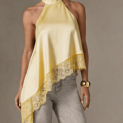 Elegant Satin Lace Trim Blouse for Women with Halter Neck Sleeveless Asymmetric Hem Silky Style