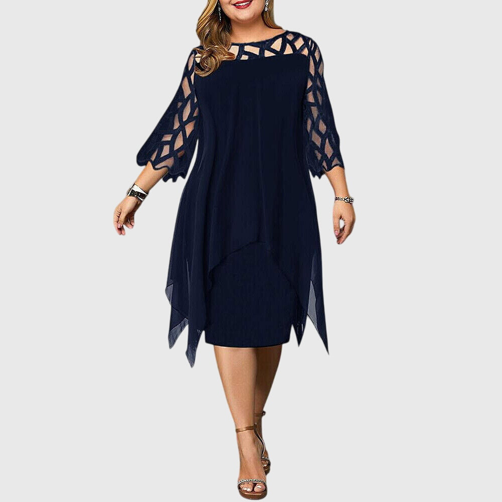 Elegant Chiffon Midi Dress for Women with Lace Yoke Long Sleeve Handkerchief Hem Formal Wedding Guest Style
