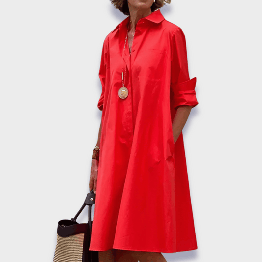 Effortless Cotton Midi Shirt Dress for Women with Collar Long Sleeve Swing Casual Style