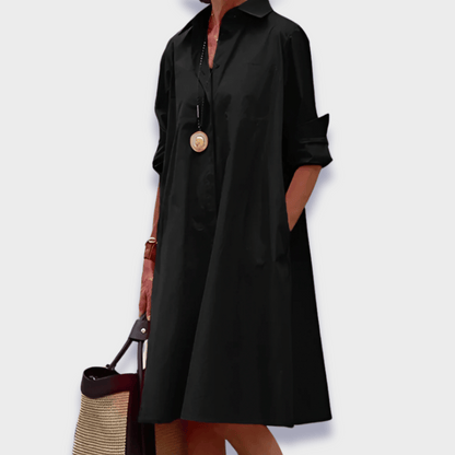 Effortless Cotton Midi Shirt Dress for Women with Collar Long Sleeve Swing Casual Style
