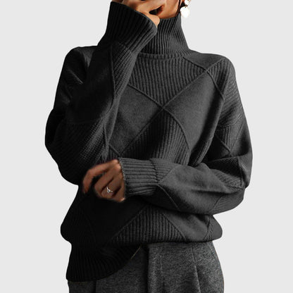 Comfortable Diamond Pattern Sweater for Women with Turtleneck Long Sleeve Relaxed Oversized Knit Style