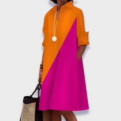 Effortless Cotton Midi Shirt Dress for Women with Collar Long Sleeve Swing Casual Style