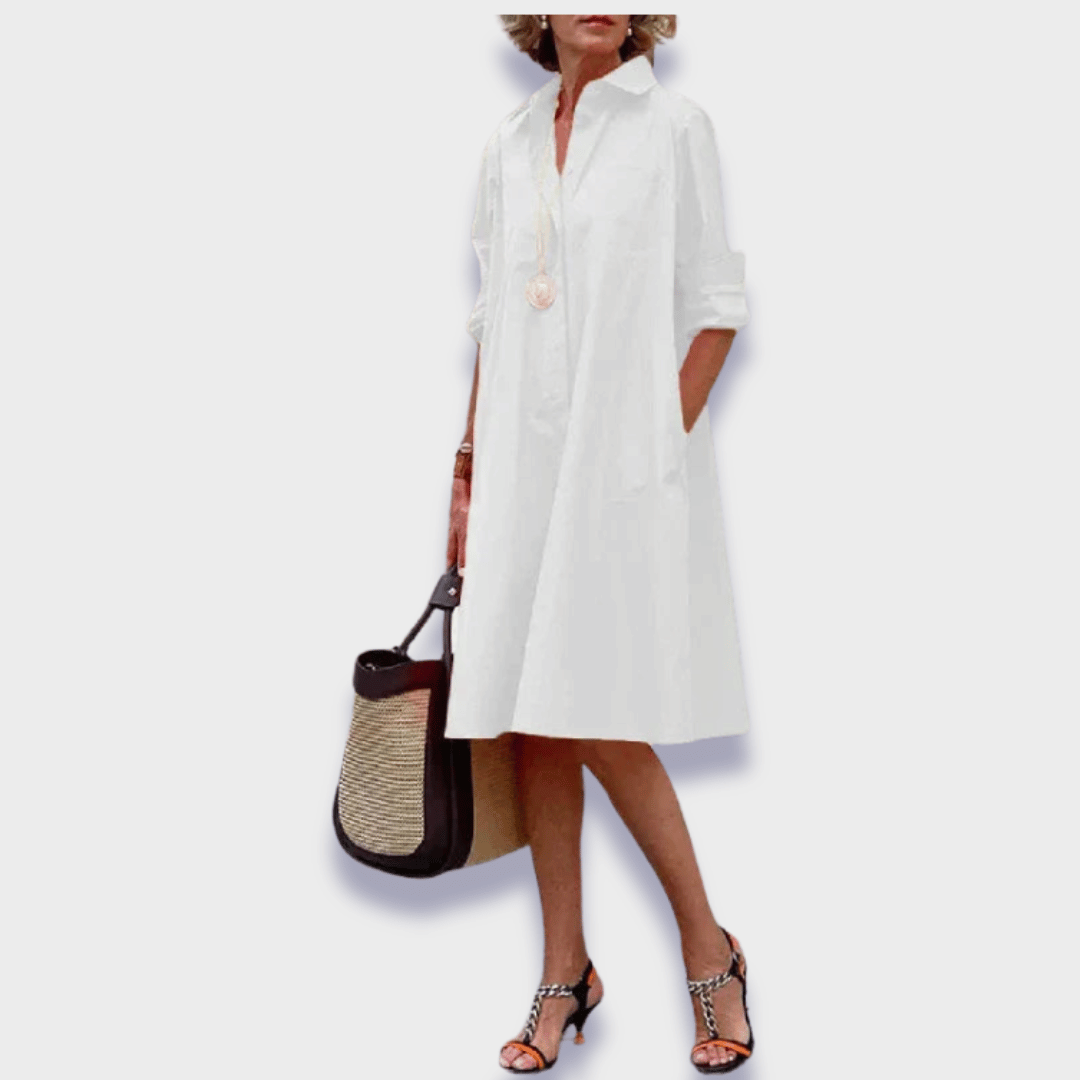 Effortless Cotton Midi Shirt Dress for Women with Collar Long Sleeve Swing Casual Style