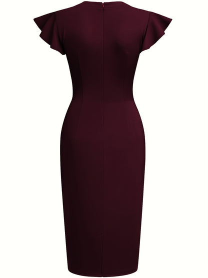 Elegant Studded Sheath Dress for Women with Round Neck Flutter Sleeve Bodycon Cocktail Style