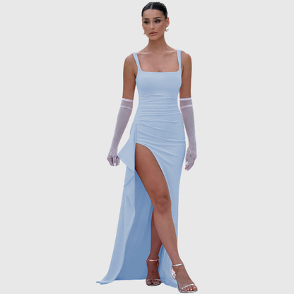Elegant Satin Maxi Dress for Women with Square Neck Corset Bodice Thigh Slit Formal Wedding Guest Style