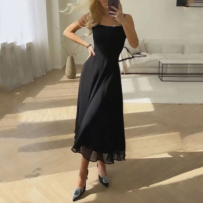 Elegant Satin Midi Dress for Women with Straight Neck Spaghetti Strap Fit and Flare Formal Wedding Guest Style